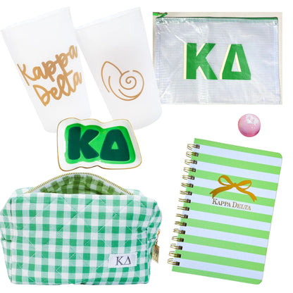 Kappa Delta gift contents with Greek letter accessories for UNC Chapel Hill students and sorority gifts