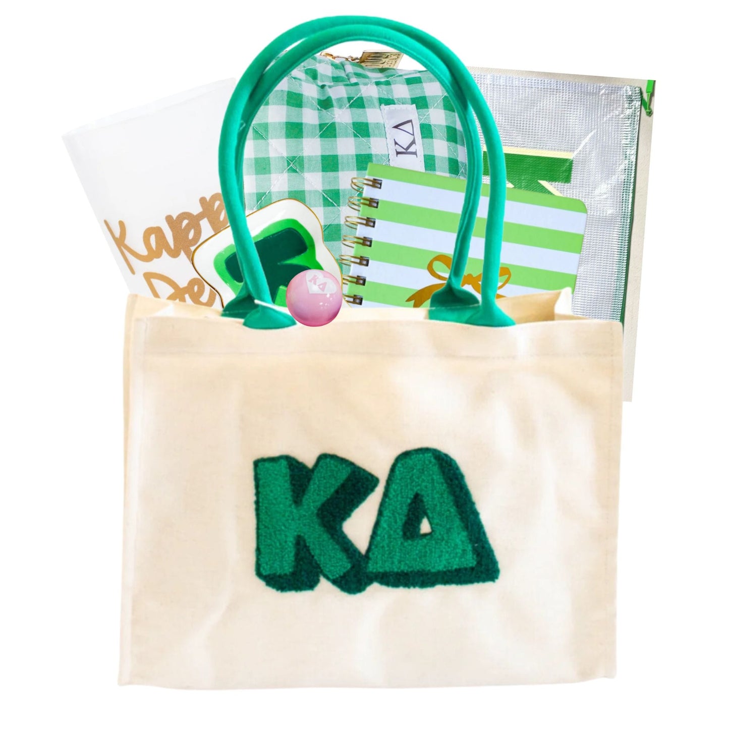 Kappa Delta sorority gift bag with Greek letter accessories for UNC Chapel Hill students and bid day