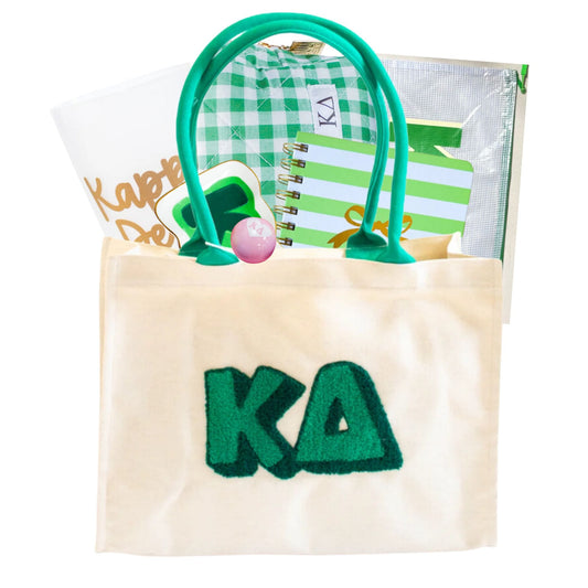 Kappa Delta sorority gift bag with Greek letter accessories for UNC Chapel Hill students and bid day
