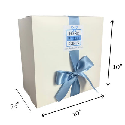 Gift box with a blue ribbon and dimensions labeled on a white background