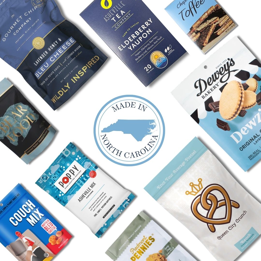 North Carolina artisan gift basket contents with locally made chocolates, toffee, and gourmet treats