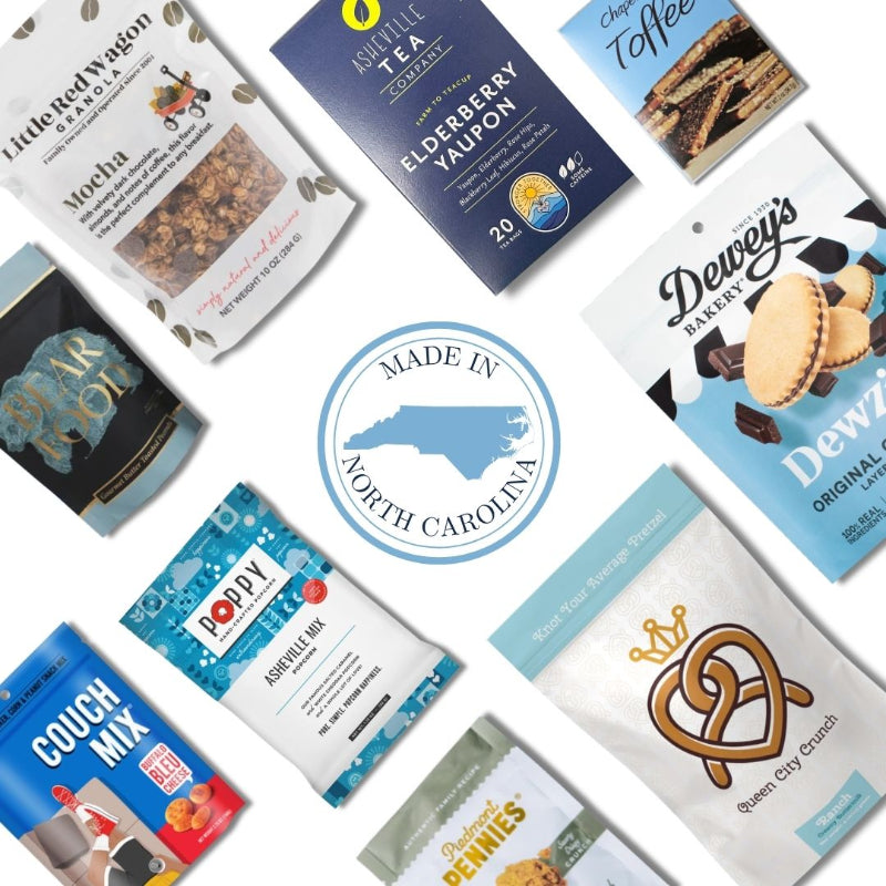 North Carolina artisan gift basket contents with locally made chocolates, toffee, and gourmet treats
