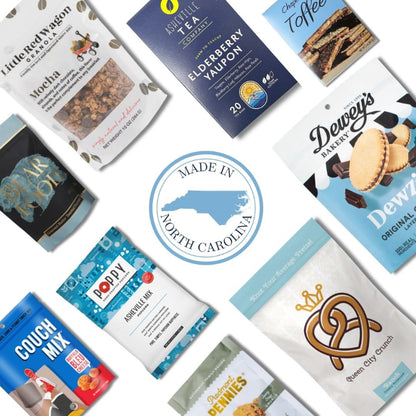 North Carolina artisan gift basket contents with locally made chocolates, toffee, and gourmet treats