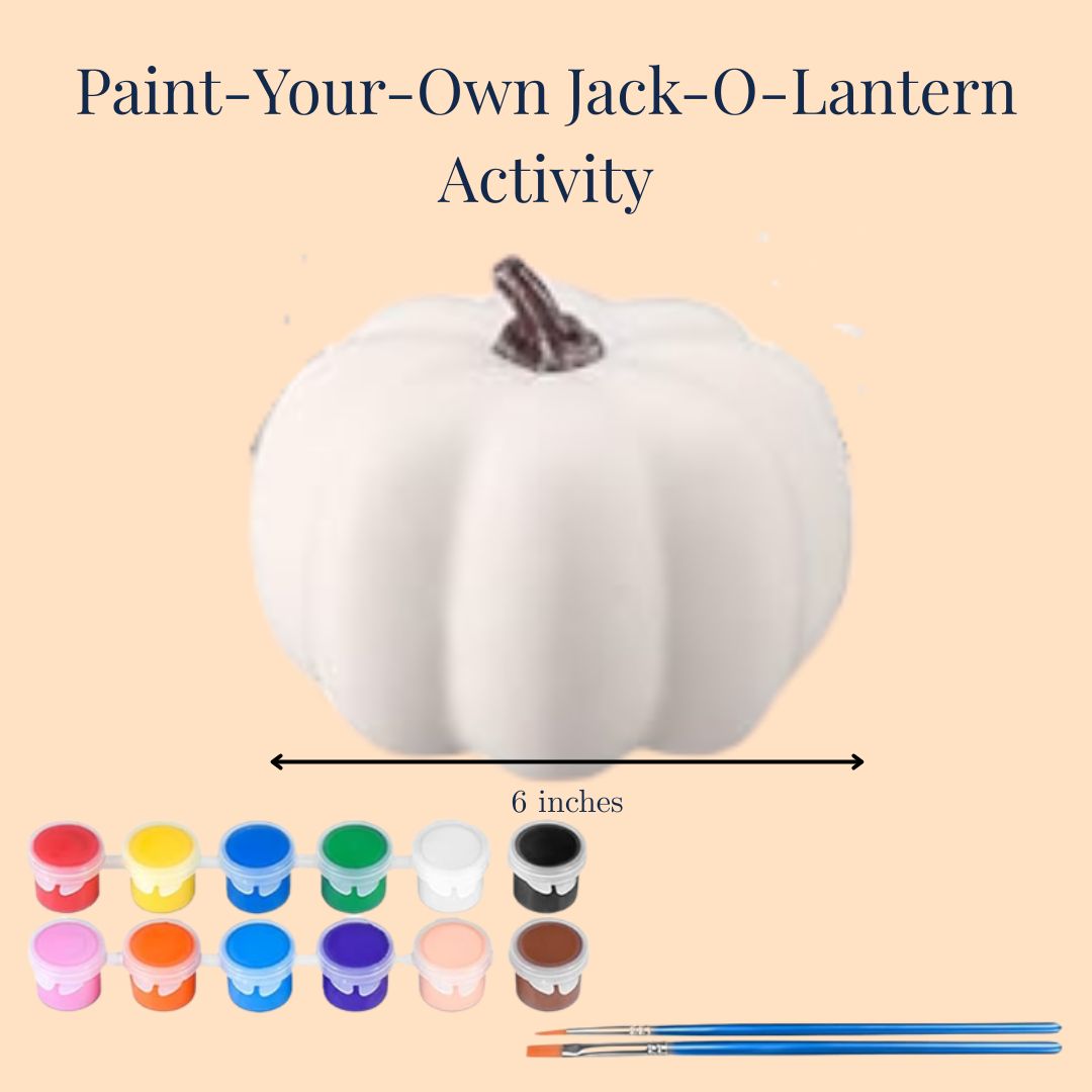 White pumpkin with paint cans and brushes for a 'Paint-Your-Own Jack-O-Lantern' activity for UNC gift bag