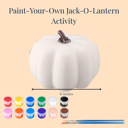 White pumpkin with paint cans and brushes for a 'Paint-Your-Own Jack-O-Lantern' activity for UNC gift bag
