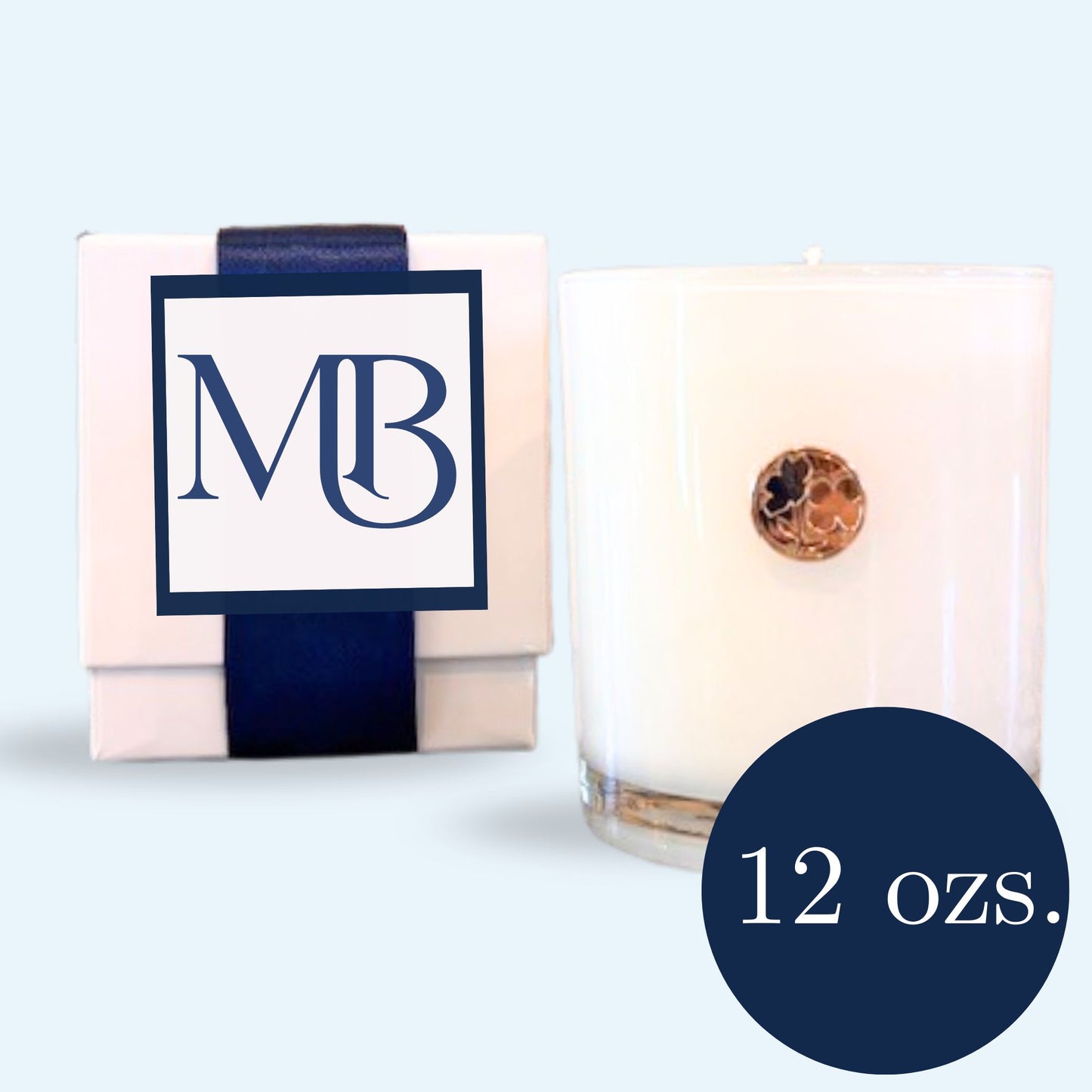 Corporate small batch candle gift with custom monogram logo on luxury white box, example of branding customization, 12oz NC dogwood candle