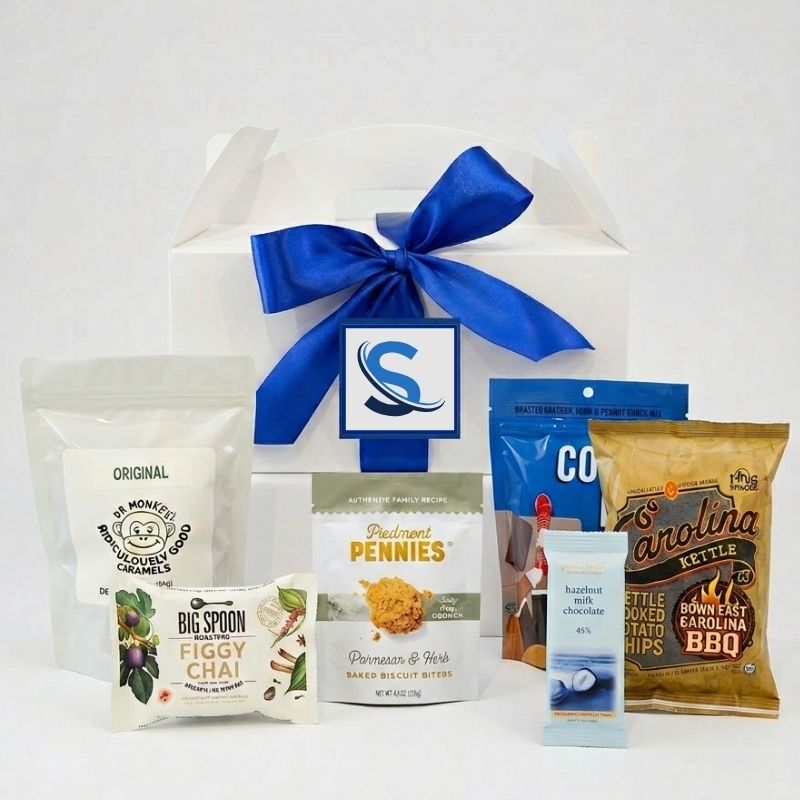 Custom branded NC gourmet corporate event welcome box with company logo label and blue ribbon