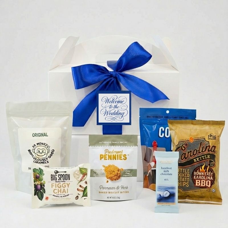 NC gourmet gable gift box customized with wedding welcome message for out-of-town guests