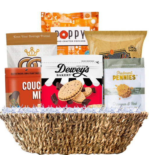 North Carolina artisan gift basket with gourmet snacks and small-batch treats in handwoven tray
