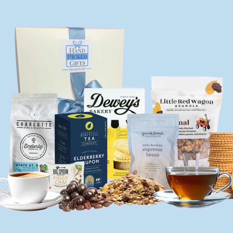  North Carolina coffee gift basket with artisan tea, granola, and gourmet morning treats