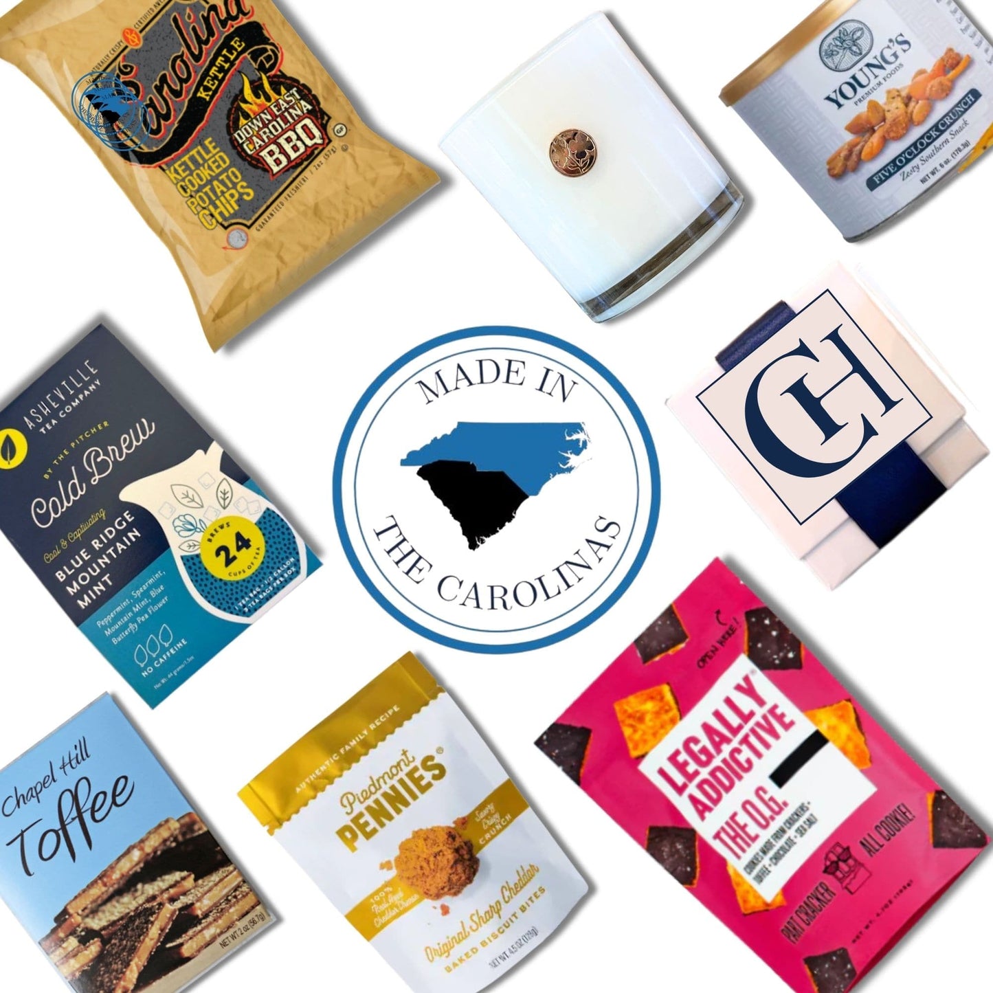 Customizable corporate gift basket contents featuring NC gourmet products and branded candle