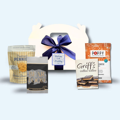 Elegant gable box with North Carolina foods to serve as a gift for event attendees