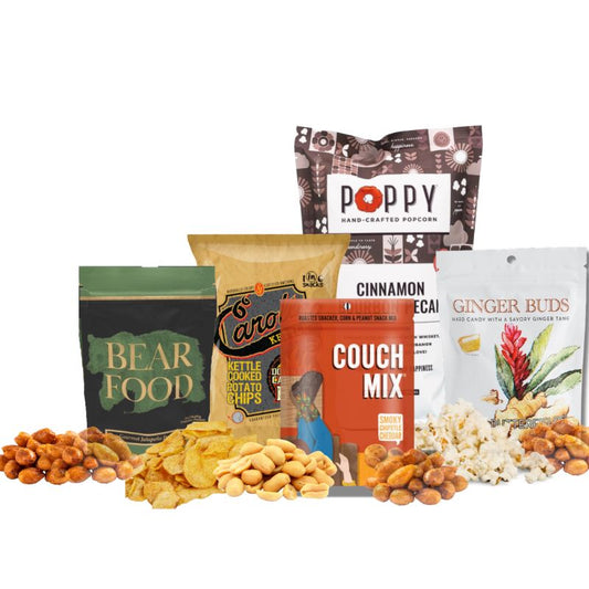 Spicy gourmet gift basket contents with cinnamon popcorn and North Carolina artisan treats for corporate 