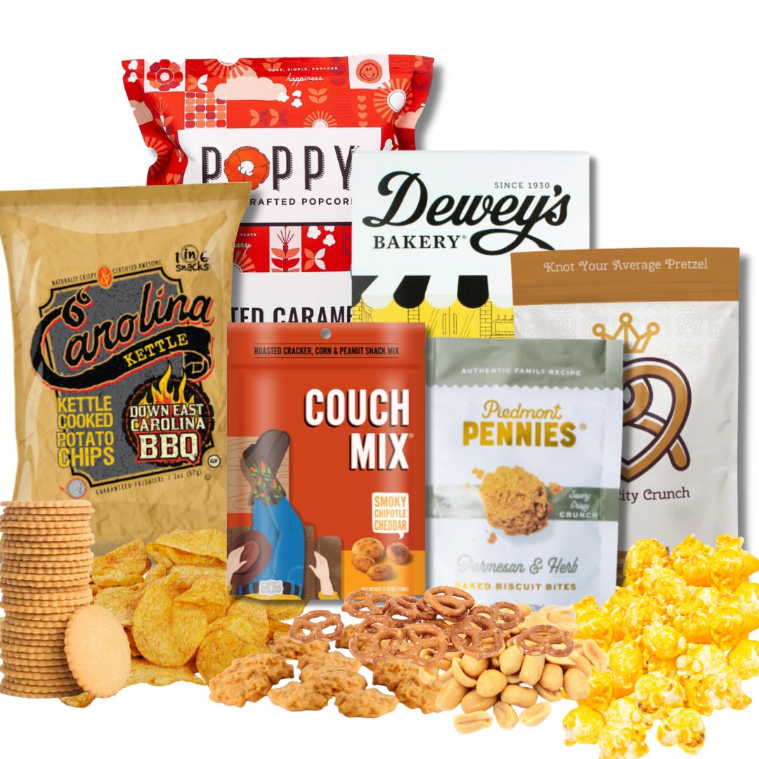Carolina gift basket with North Carolina artisan cheese wafers, cinnamon pretzels, and gourmet snacks