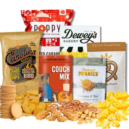 Carolina gift basket with North Carolina artisan cheese wafers, cinnamon pretzels, and gourmet snacks