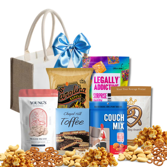 Carolina gift basket with North Carolina artisan toffee, chocolate, and gourmet treats in reusable jute tote