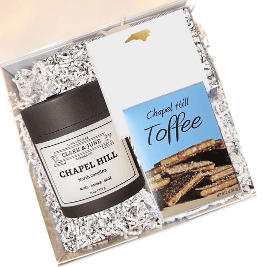 North Carolina gift box with Chapel Hill candle and artisan toffee for corporate gifts