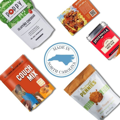Spicy gourmet gift basket contents with jalapeno popcorn and North Carolina artisan treats for corporate clients