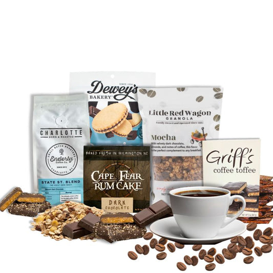 Coffee and chocolate specialty foods from North carolina in a gourmet gift box