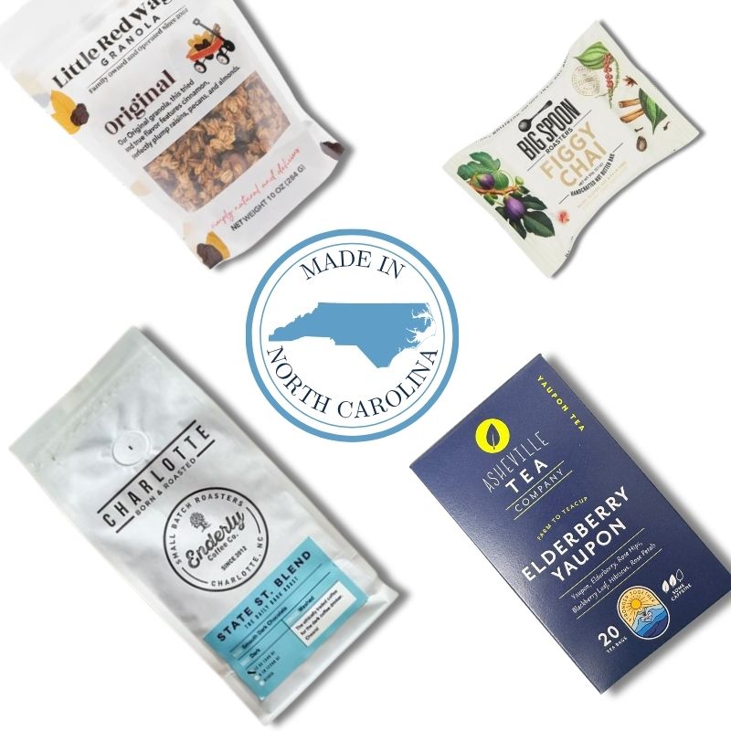 Carolina morning gift basket contents with Charlotte coffee, Asheville tea, and North Carolina artisan treats