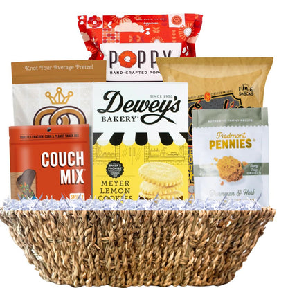 North Carolina artisan gift basket with gourmet snacks and small-batch treats in handwoven tray