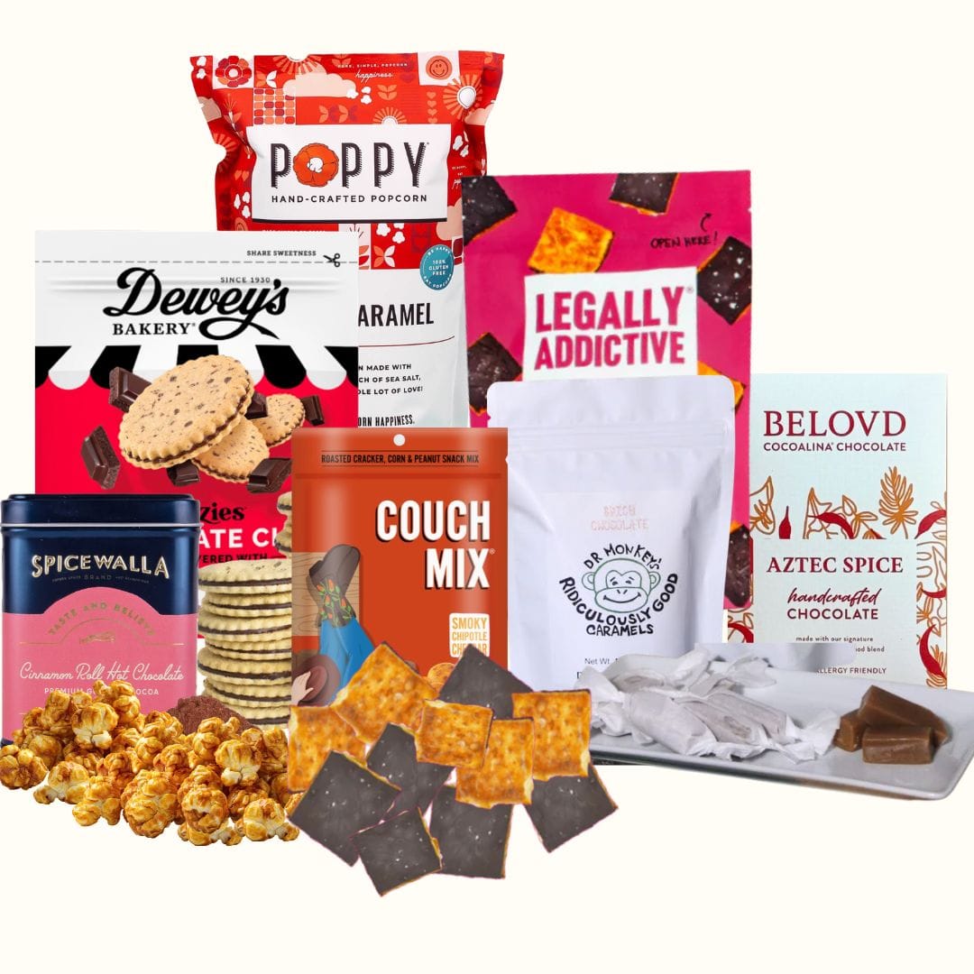 North Carolina gourmet gift basket with salted caramel popcorn and artisan chocolates for corporate gifts