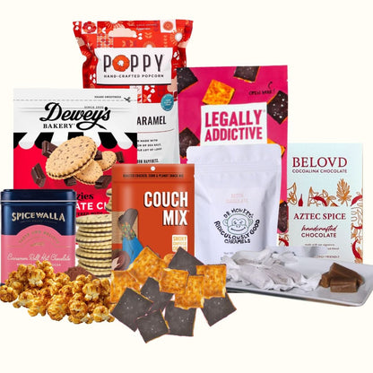 North Carolina gourmet gift basket with salted caramel popcorn and artisan chocolates for corporate gifts