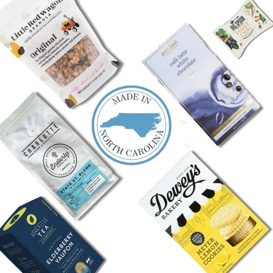 Carolina morning gift basket contents with Charlotte coffee, Asheville tea, and North Carolina artisan treats