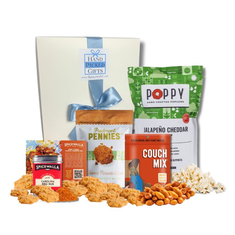  North Carolina spicy gift basket with chipotle cheddar, jalapeño wafers, and jalapeno popcorn