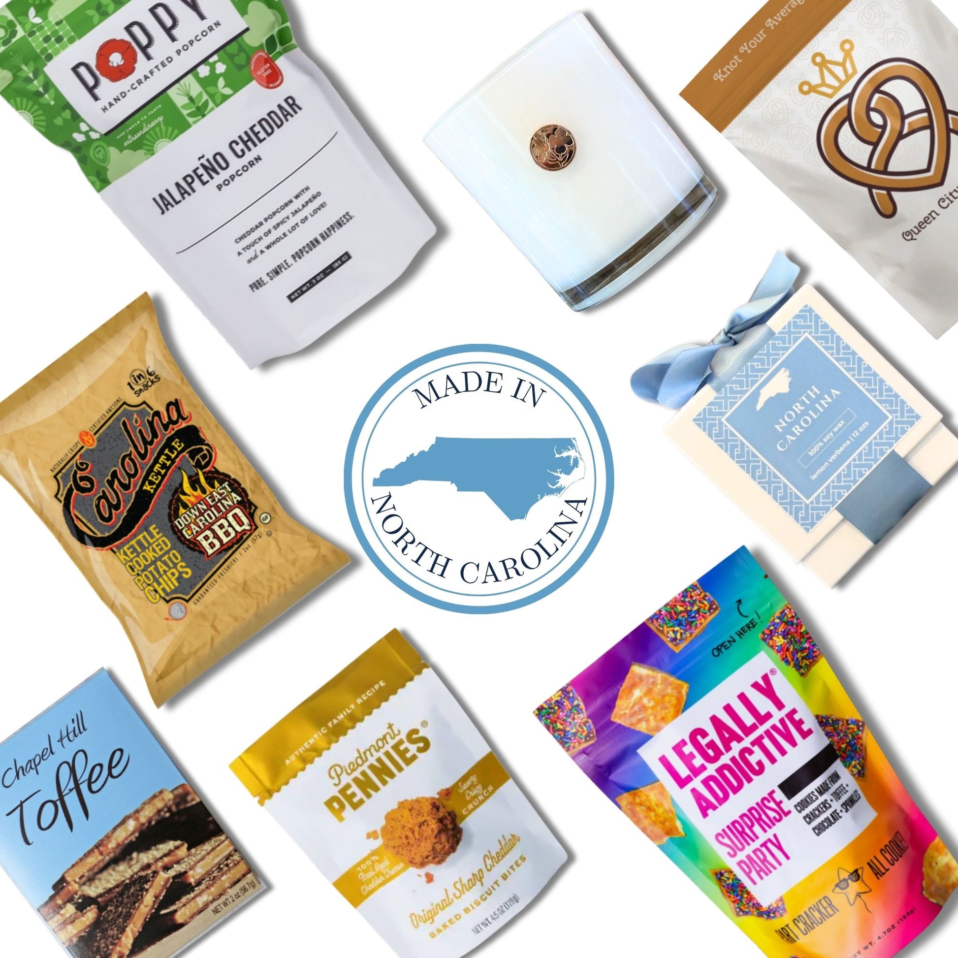 North Carolina housewarming gift basket with gourmet treats and artisan products in jute tote