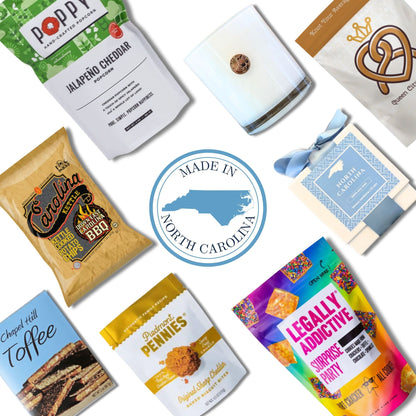 North Carolina housewarming gift basket with gourmet treats and artisan products in jute tote