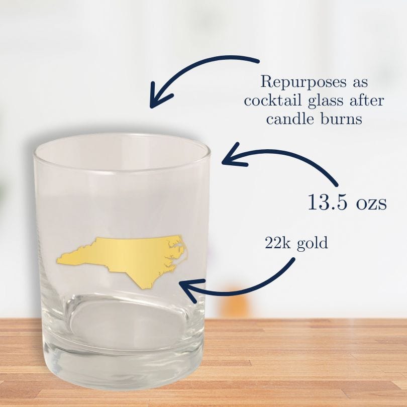 North Carolina Old Fashioned glass with 22k gold silhouette from UNC gift basket candle