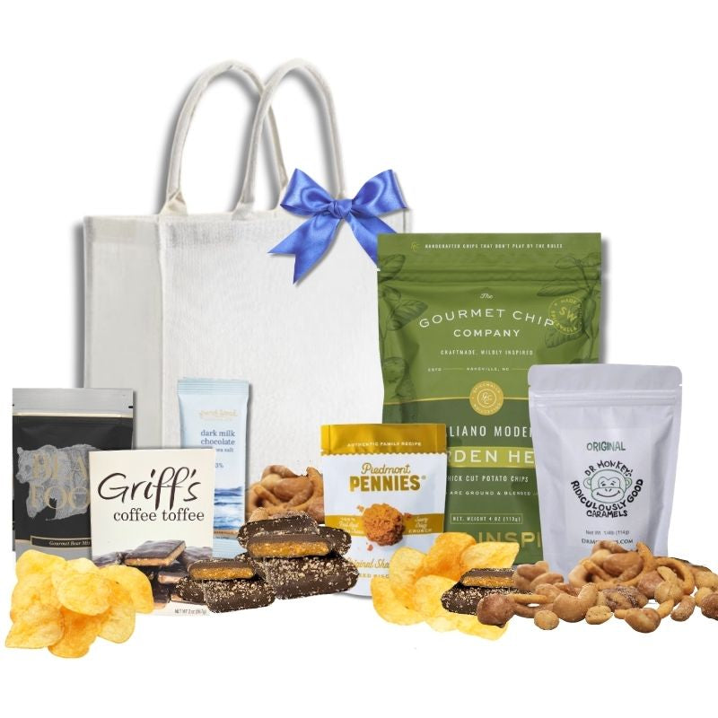 Carolina gift basket with North Carolina artisan toffee, chocolate, and gourmet treats in reusable jute tote