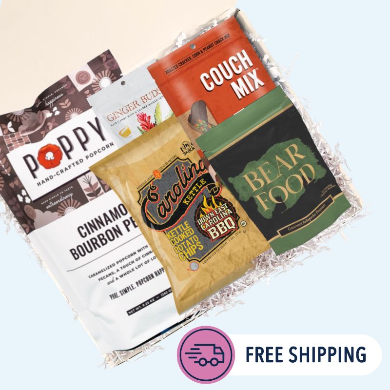  North Carolina spicy gift box with chipotle cheddar, spicy chocolate, bbq chips, wafers, popcorn