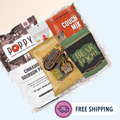  North Carolina spicy gift box with chipotle cheddar, spicy chocolate, bbq chips, wafers, popcorn