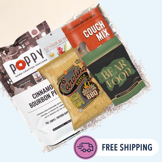  North Carolina spicy gift box with chipotle cheddar, spicy chocolate, bbq chips, wafers, popcorn