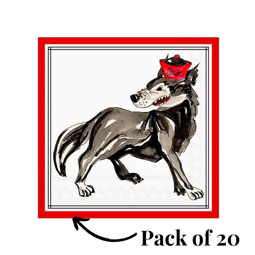 Watercolor wolf napkins in NC State gift basket for Wolfpack game day and alumni gifts