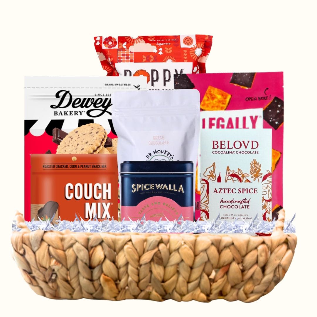 North Carolina sweet gift basket with artisan caramels and chocolate in handwoven hyacinth basket