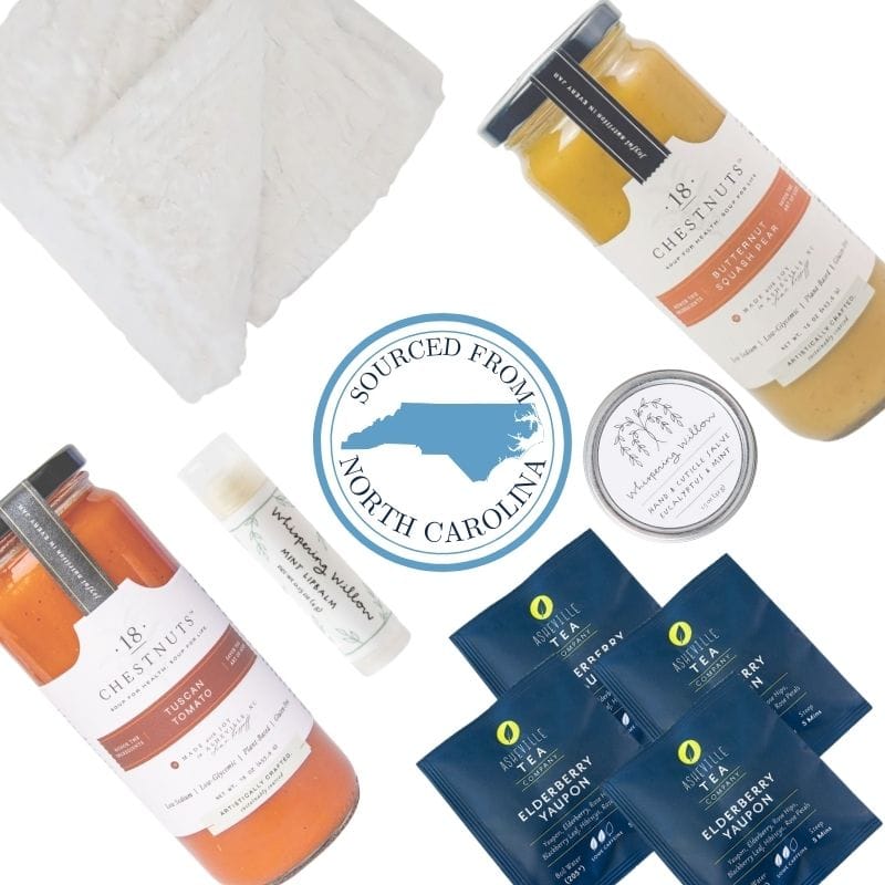 North Carolina sympathy gift basket contents with healing salve, tea, and comfort essentials