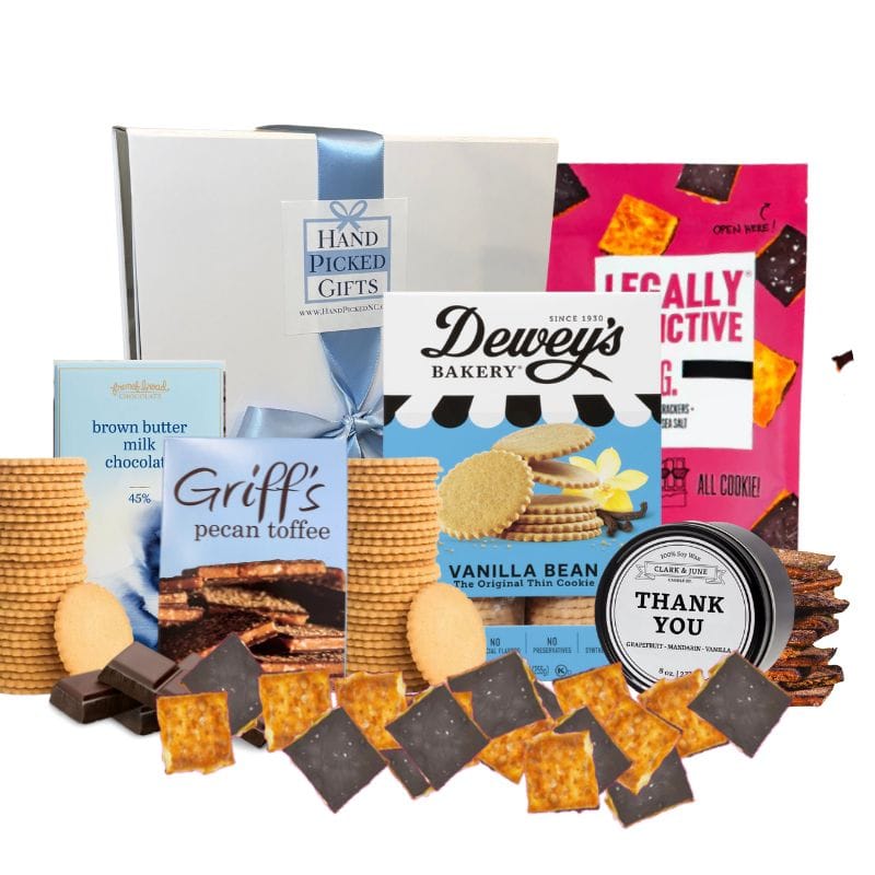North Carolina thank you gift basket with artisan sweet treats and Chapel Hill keepsake candle
