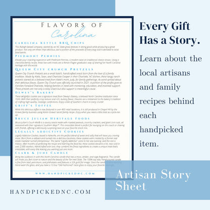 Handpicked NC Artisan Story Sheet with text about local artisans and family recipes on a blue background