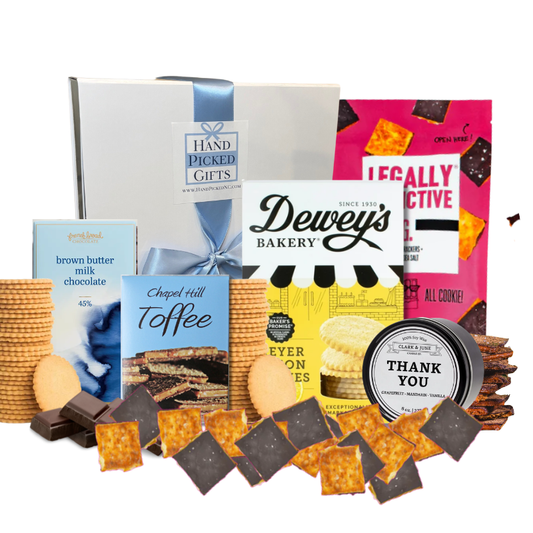 North Carolina thank you gift basket with artisan sweet treats and Chapel Hill keepsake candle