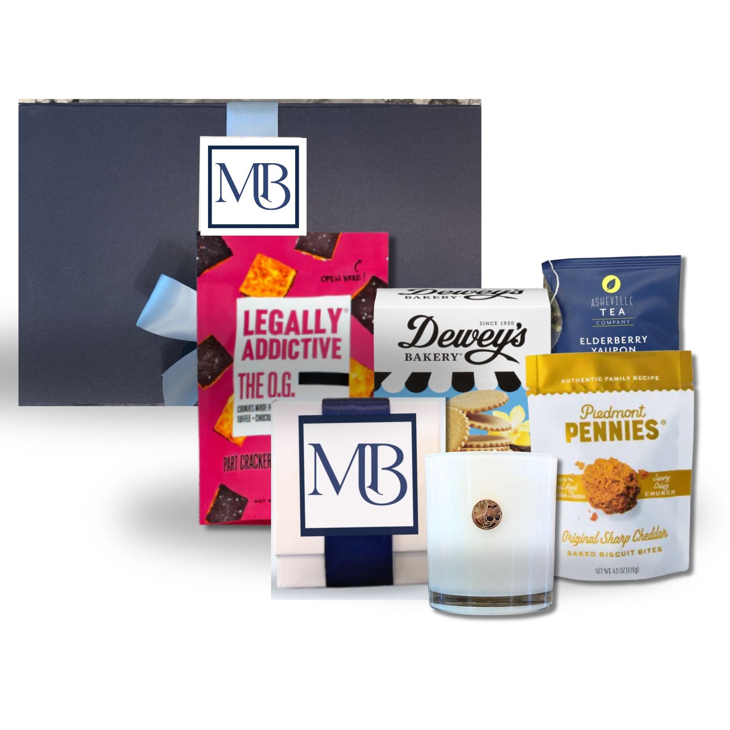 Collection of North carolina snacks, a custom branded candle, and branded box on a white background