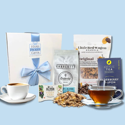  North Carolina coffee gift basket with artisan tea, granola, and gourmet morning treats