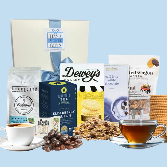  North Carolina coffee gift basket with artisan tea, granola, and gourmet morning treats