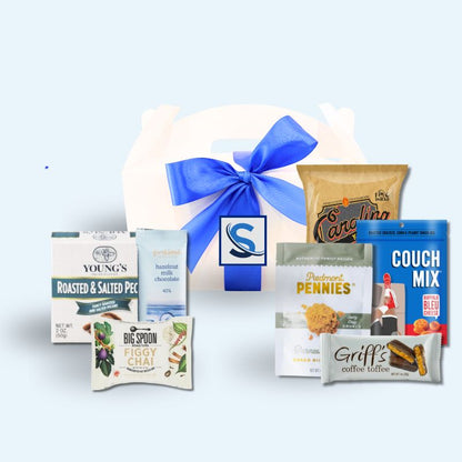 Custom branded NC gourmet corporate event welcome box with company logo label and blue ribbon
