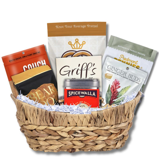North Carolina artisan gift basket with gourmet snacks and small-batch treats in handwoven tray