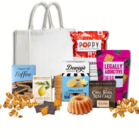 North Carolina gourmet sweet gift bag contents with Chapel Hill Toffee, cake, and artisan treats