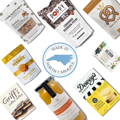 flat lay of north carolina made gourmet specialty products in fall gift basket