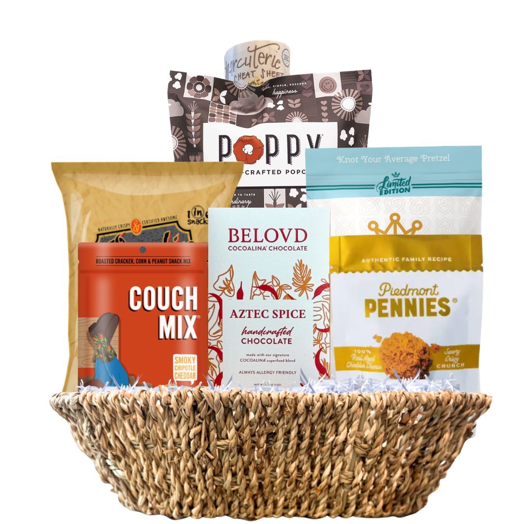 Reusable woven basket with North Carolina game day snacks and football tailgate treats